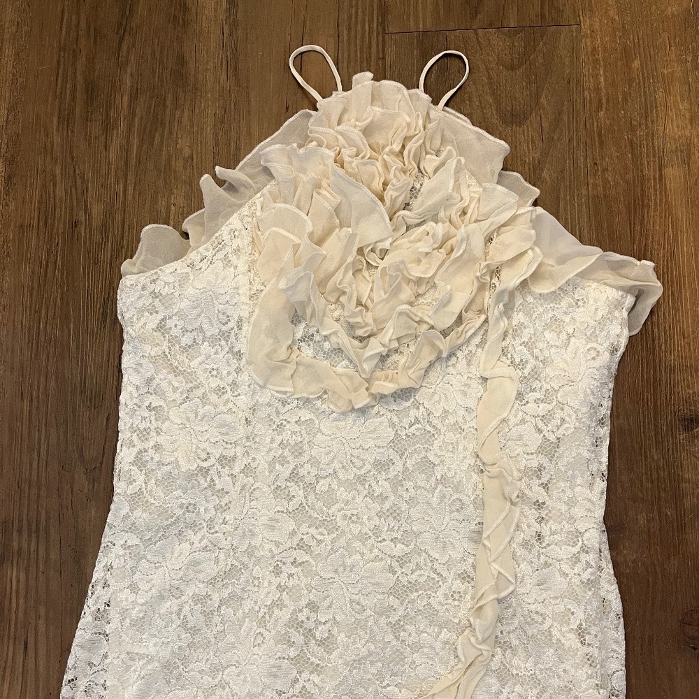 BCBGMAXAZRIA Ivory White Ruffle silk high neck tank top